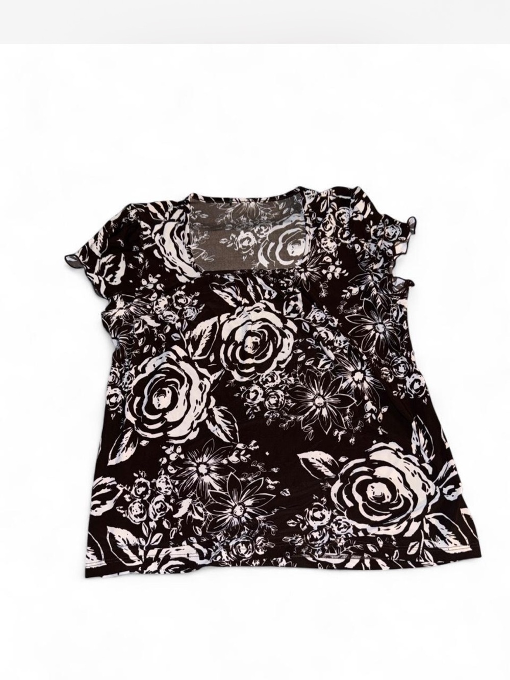 Vintage Brown & White Floral Square-Neck Women’s Top